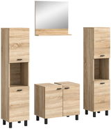 Badezimmermöbel-Set in Holzoptik, bestehend aus zwei hohen Schränken, einem Waschbeckenunterschrank und einem Spiegel, frontal abgebildet.
