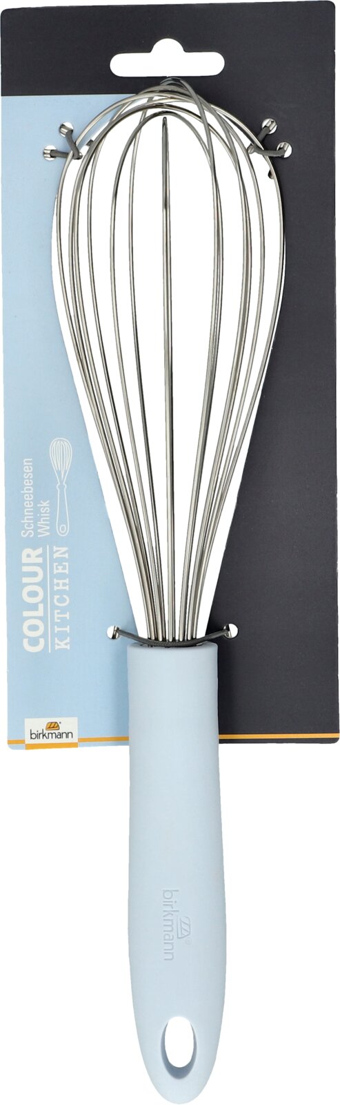 Hellblauer Schneebesen mit Edelstahlkopf, frontal abgebildet auf einer Verpackung.