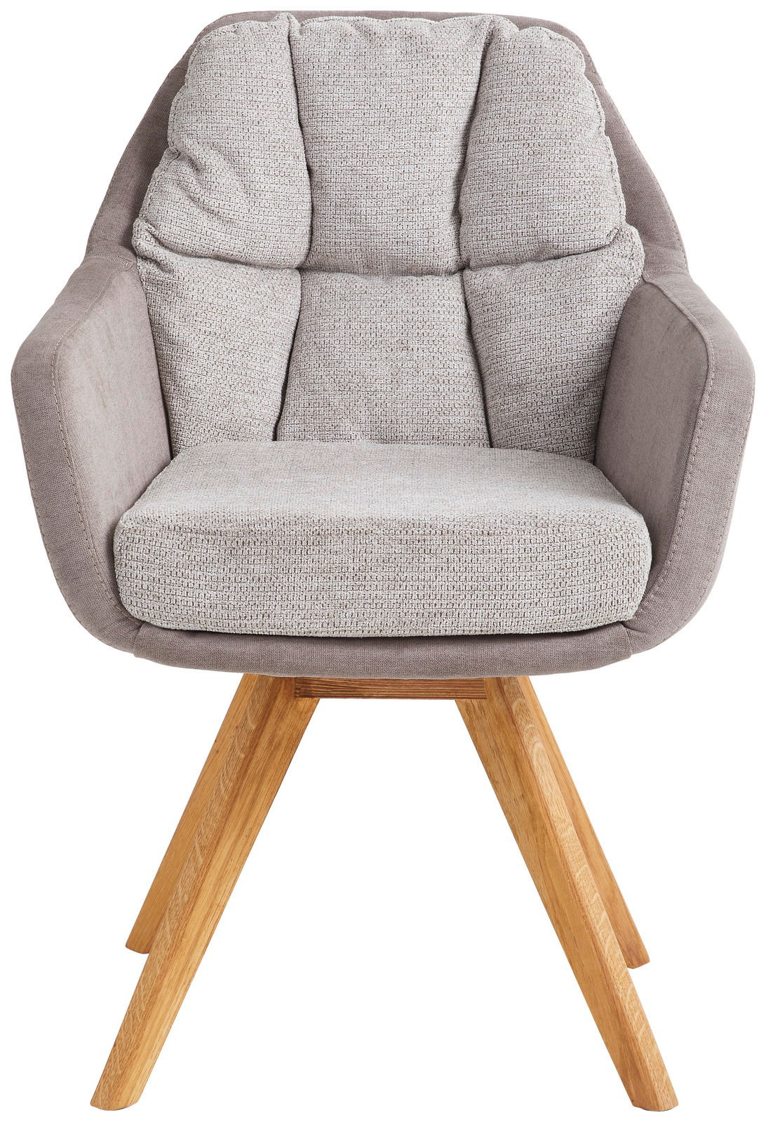 Moderner Sessel mit grauem Stoffbezug und Holzbeinen, Frontalansicht