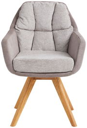 Moderner Sessel mit grauem Stoffbezug und Holzbeinen, Frontalansicht