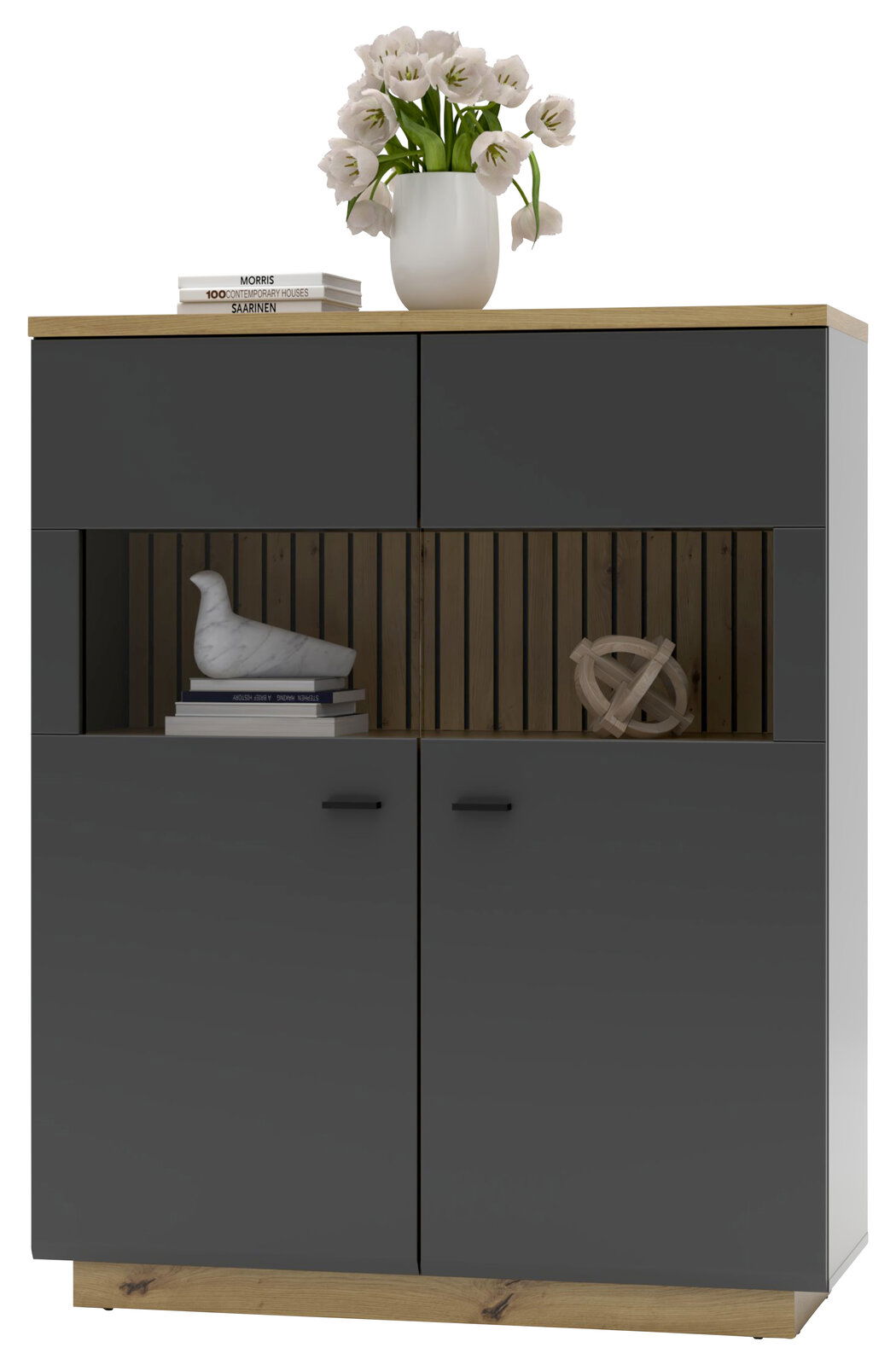 Modernes Highboard in dunklem Grau mit Holzdetails, dekoriert mit einer Vase voller Blumen und Büchern auf der Oberseite, frontal betrachtet.