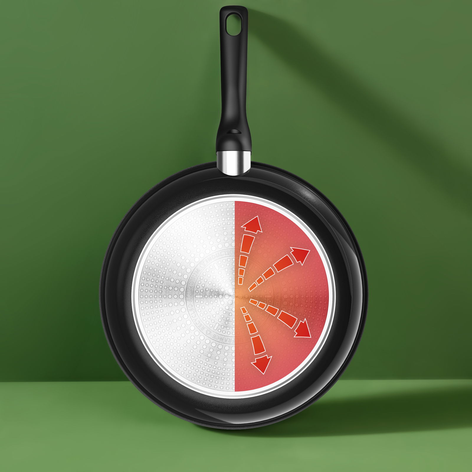 Keramik-Pfanne mit 24 cm Durchmesser, Draufsicht auf die Unterseite mit hitzeverteilendem Design auf grünem Hintergrund