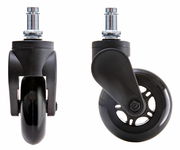 Zwei schwarze Hartbodenrollen, eine von vorne und eine von der Seite, mit silbernem Stift zur Befestigung.