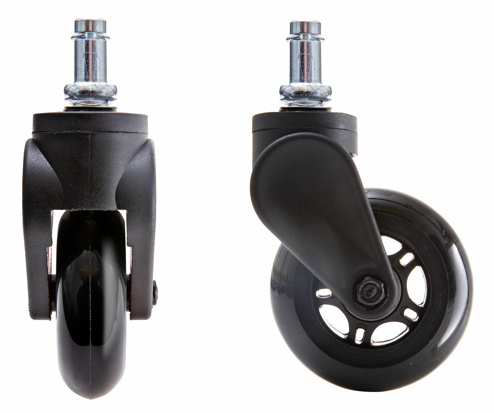 Zwei schwarze Hartbodenrollen, eine von vorne und eine von der Seite, mit silbernem Stift zur Befestigung.