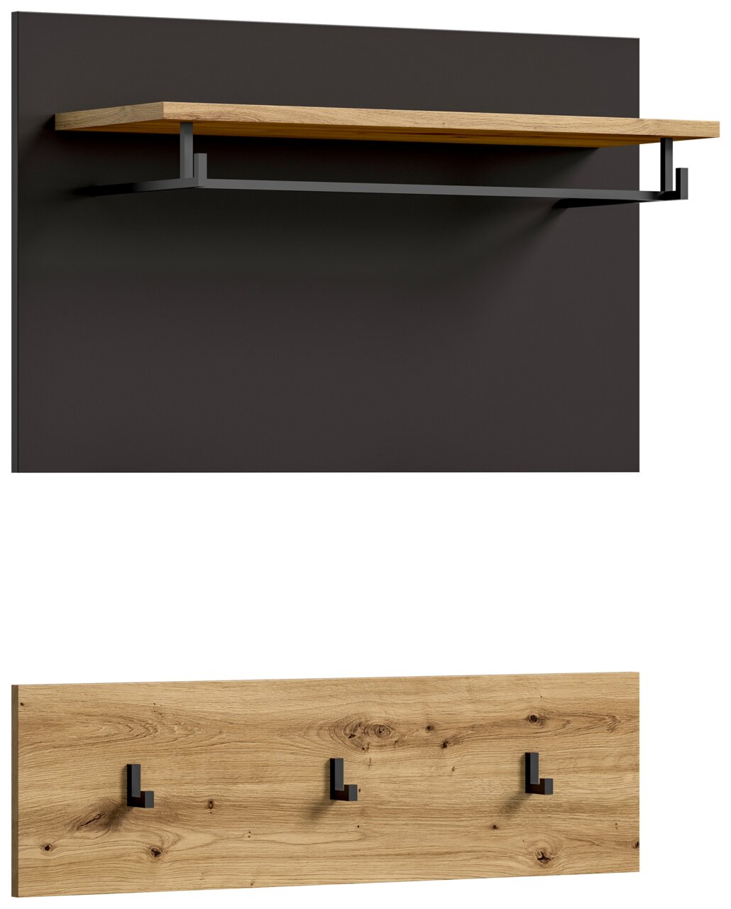 MID.YOU Garderobenpaneel CANU Garderobenpaneel mit einer oberen Ablage aus Holz und darunter liegender schwarzer Metallstange, darunter ein weiteres Paneel mit drei schwarzen Haken, seitliche Perspektive.