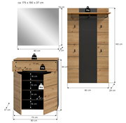 Maßgrafik eines Garderoben-Sets in Holzoptik mit schwarzer Mittelblende: Wandspiegel 80×73×2 cm, Schuhschrank 80×94×37 cm mit offenen Fächern und Türen, Garderobenpaneel 80×145×29 cm mit Haken und Ablage; Ansicht frontal.