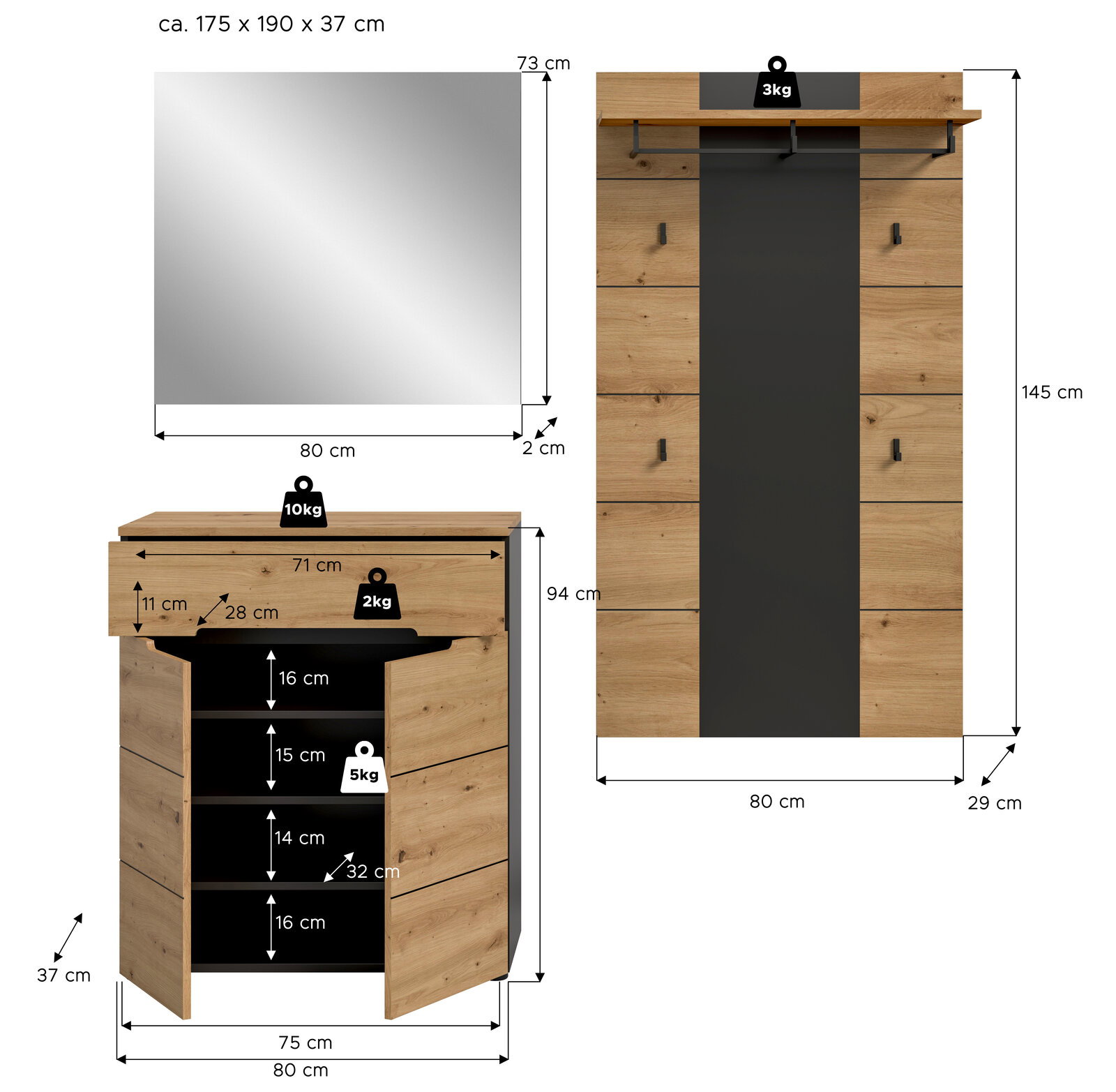 Maßgrafik eines Garderoben-Sets in Holzoptik mit schwarzer Mittelblende: Wandspiegel 80×73×2 cm, Schuhschrank 80×94×37 cm mit offenen Fächern und Türen, Garderobenpaneel 80×145×29 cm mit Haken und Ablage; Ansicht frontal.