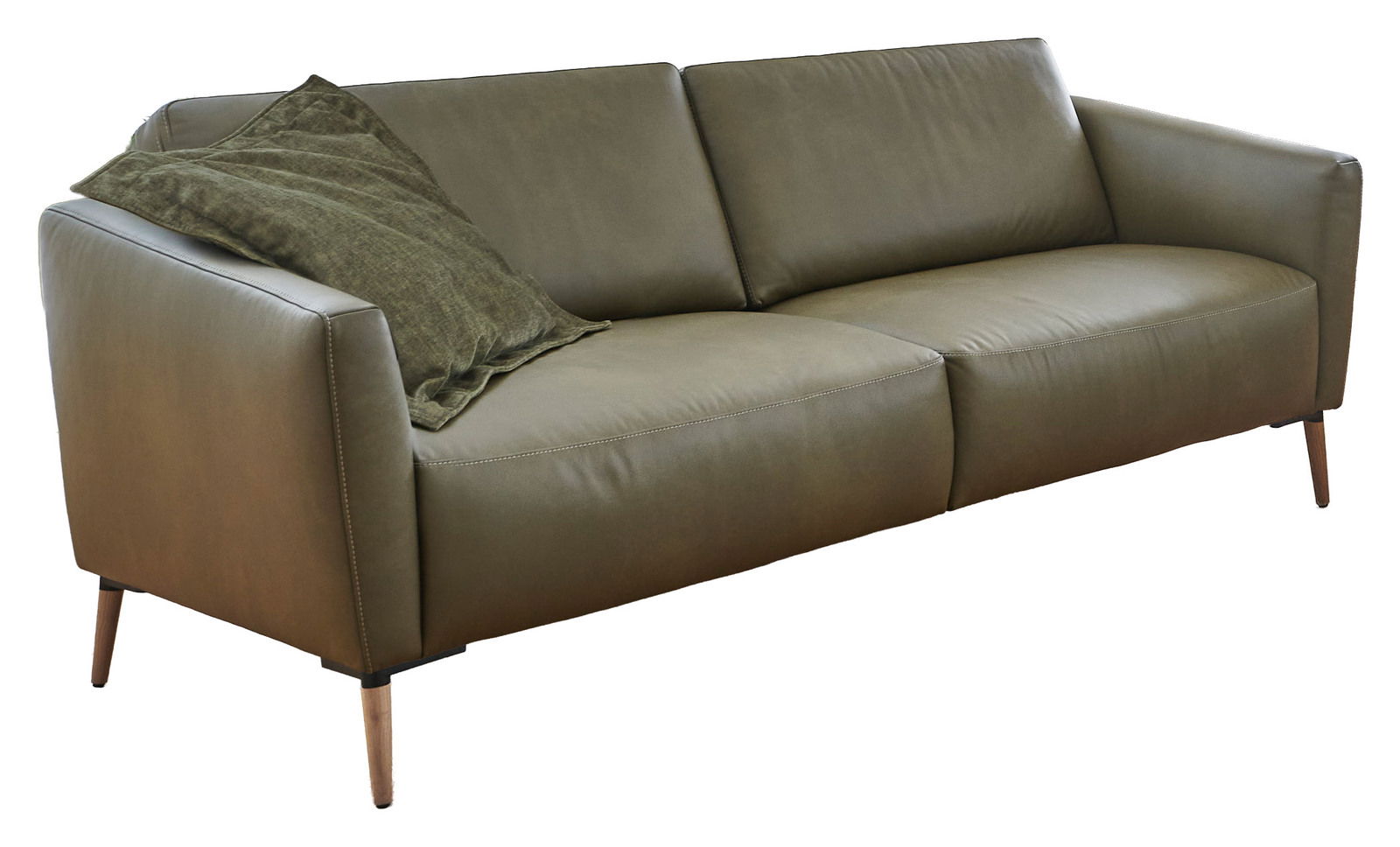 Modernes dreisitziges Sofa in olivgrünem Leder mit einem Kissen, seitliche Perspektive