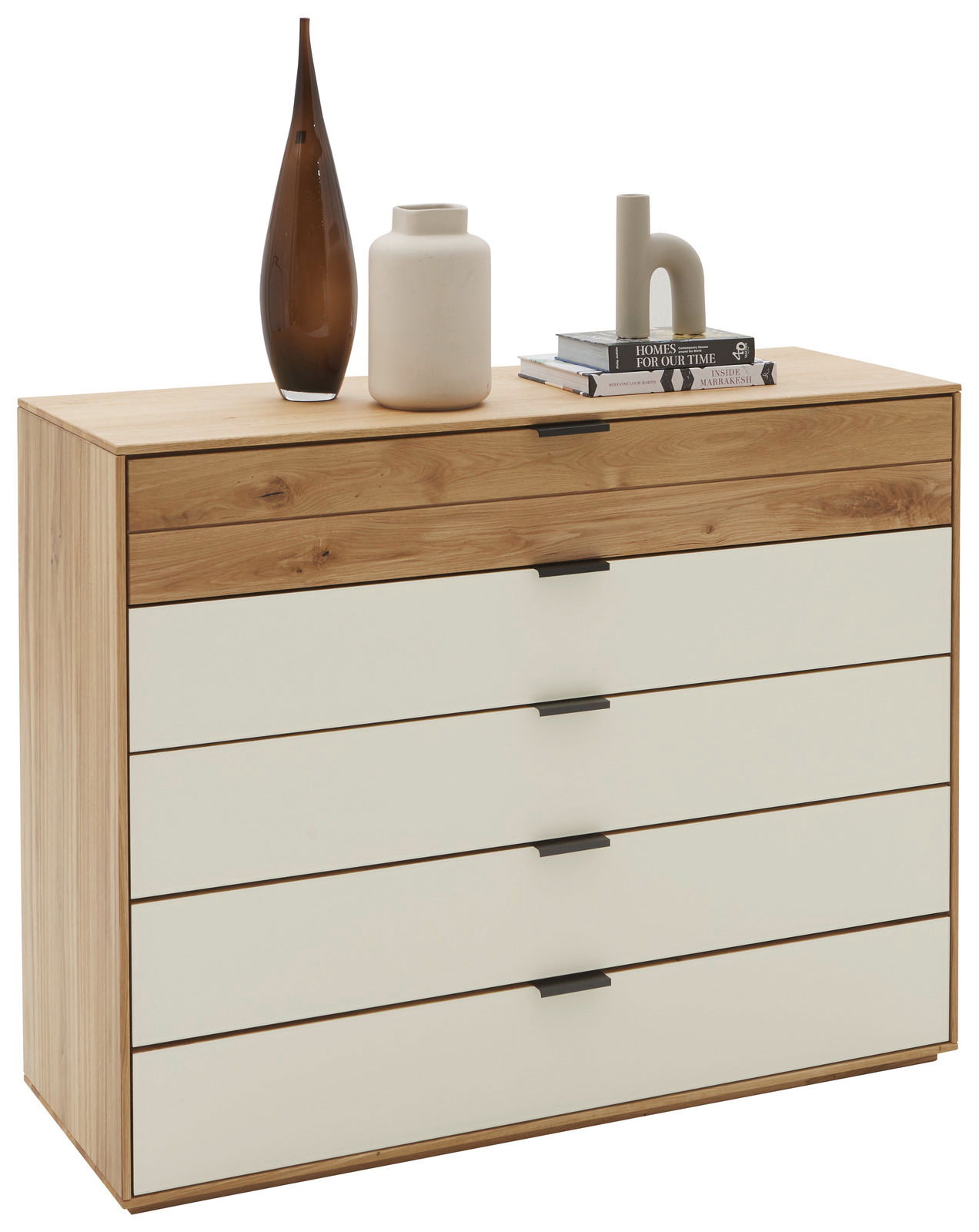 Modernes Sideboard mit Holz- und weißen Schubladen, dekoriert mit Vasen und Büchern, seitliche Perspektive