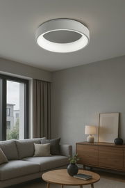 Moderne runde Deckenleuchte in einem stilvollen Wohnzimmer, von unten betrachtet.