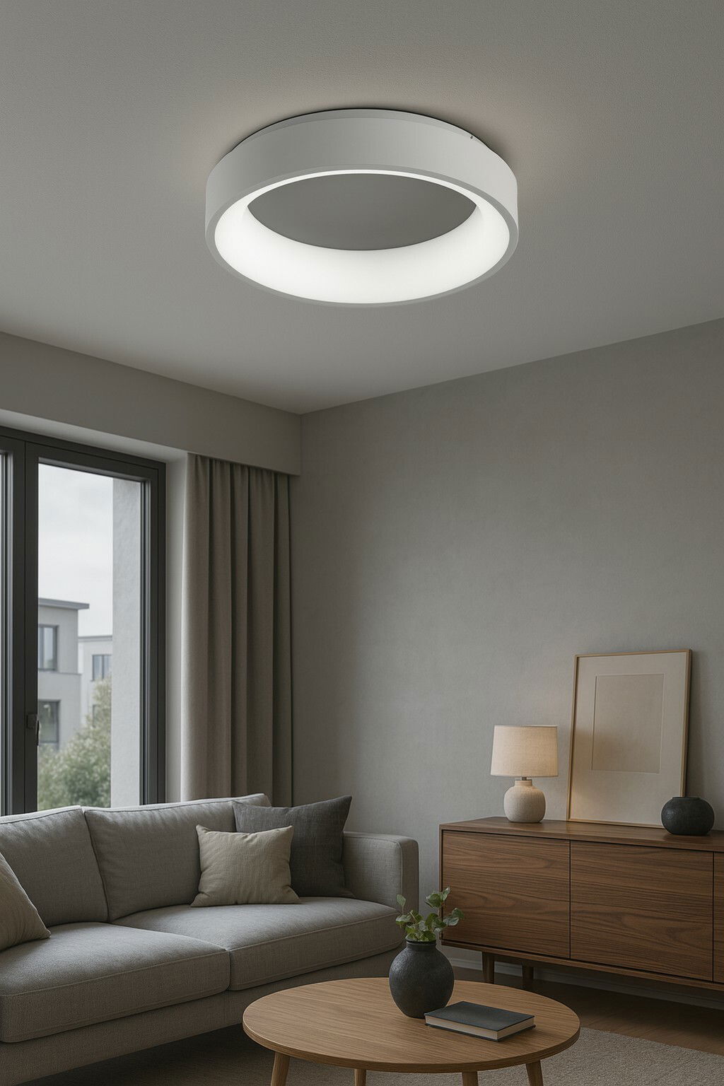 Moderne runde Deckenleuchte in einem stilvollen Wohnzimmer, von unten betrachtet.