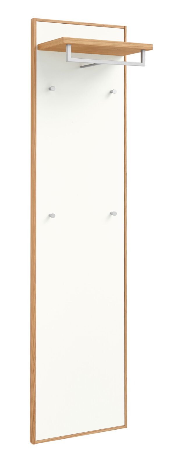 Wandgarderobe mit weißer Rückwand, Holzrahmen, Ablage aus Holz, Kleiderstange aus Metall und vier Haken, schräg von vorn links fotografiert