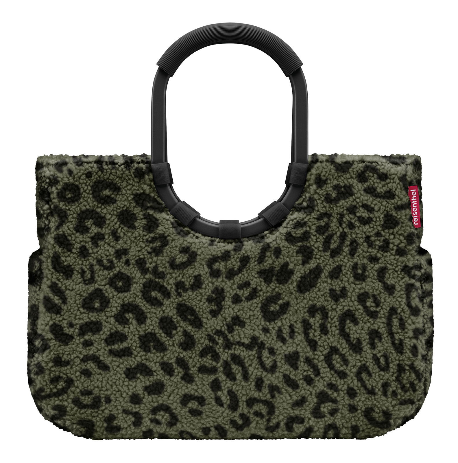 Grüne Tasche mit Leopardenmuster und schwarzen Griffen, Vorderansicht