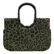 Grüne Tasche mit Leopardenmuster und schwarzen Griffen, Vorderansicht