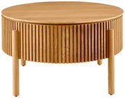 Runder Couchtisch aus Holz mit geriffeltem Design, frontal betrachtet