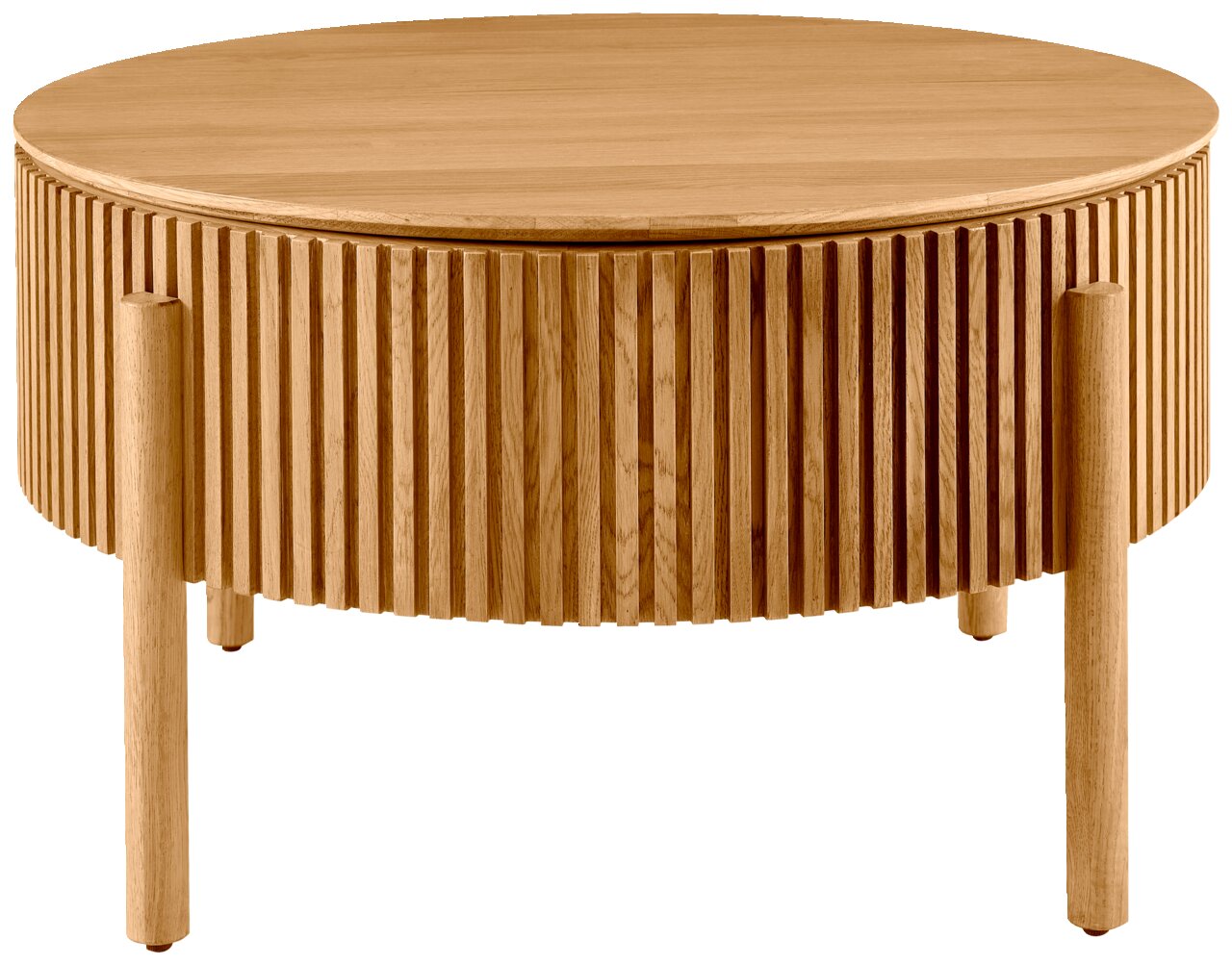 Runder Couchtisch aus Holz mit geriffeltem Design, frontal betrachtet