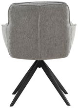 Rückansicht eines grauen Armlehnstuhls mit schwarzem Metallgestell.