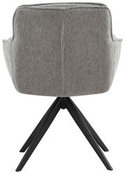 Rückansicht eines grauen Armlehnstuhls mit schwarzem Metallgestell.