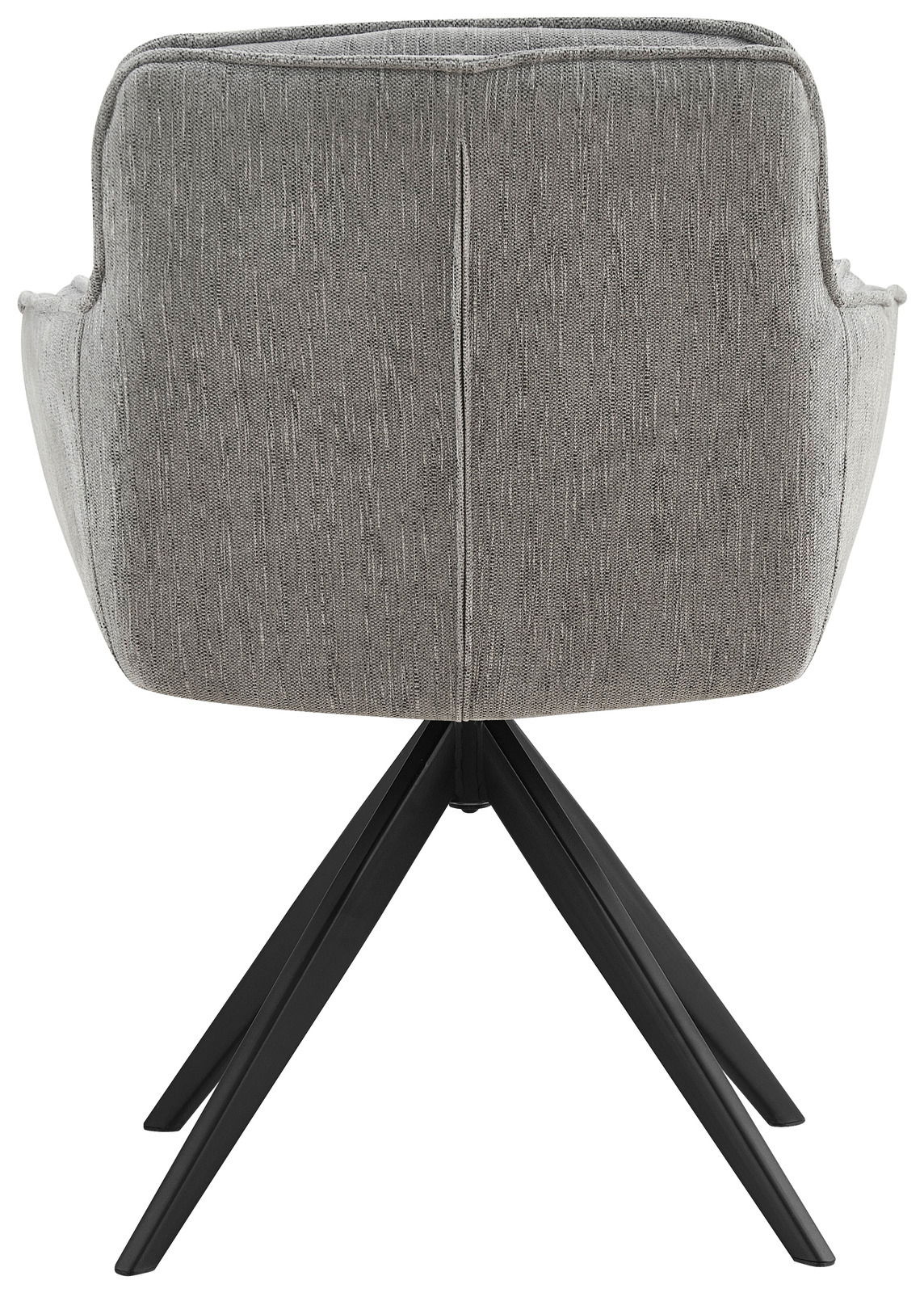 Rückansicht eines grauen Armlehnstuhls mit schwarzem Metallgestell.