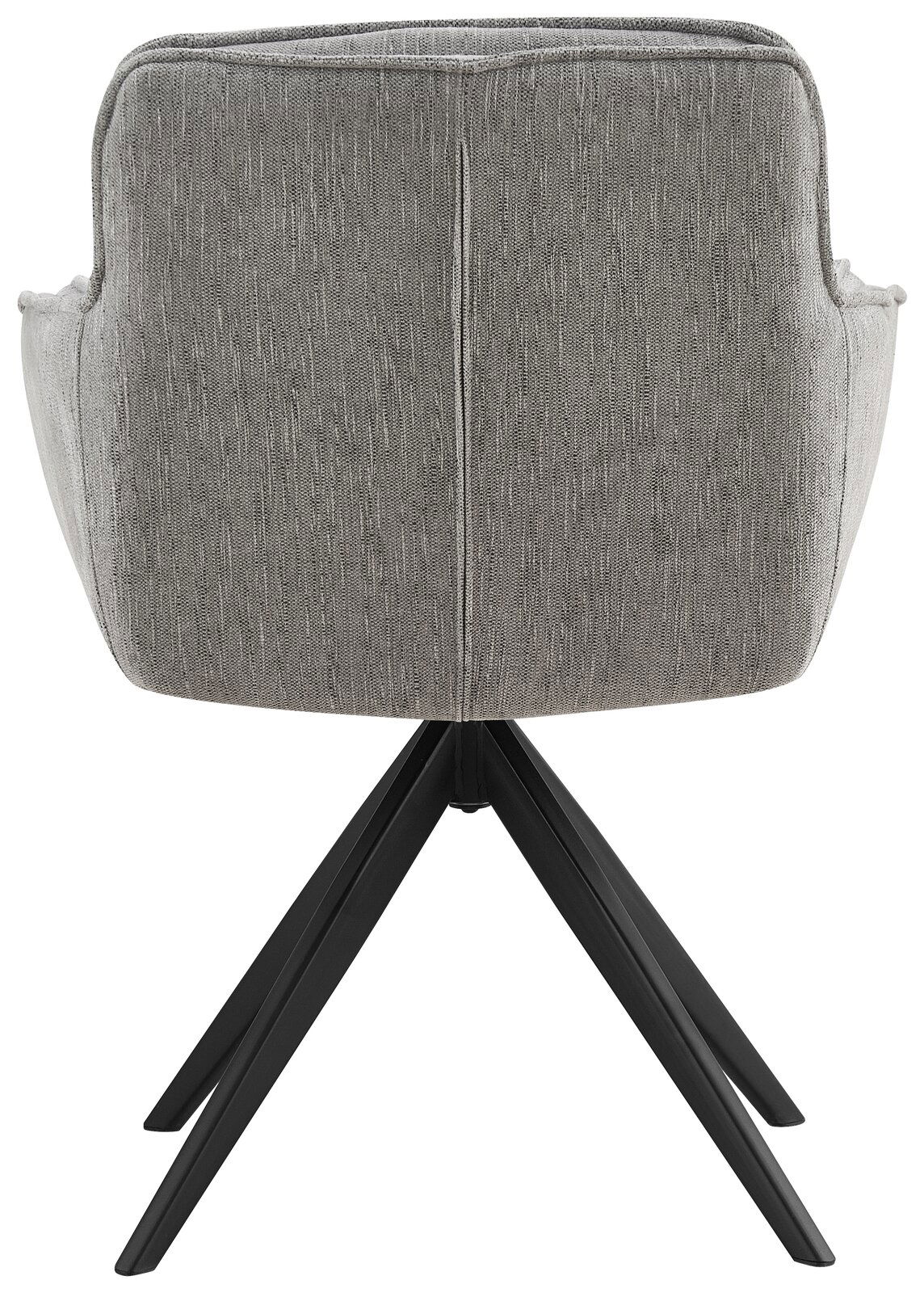 Rückansicht eines grauen Armlehnstuhls mit schwarzem Metallgestell.