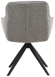 Rückansicht eines grauen Armlehnstuhls mit schwarzem Metallgestell.