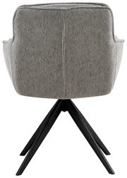 Rückansicht eines grauen Armlehnstuhls mit schwarzem Metallgestell.