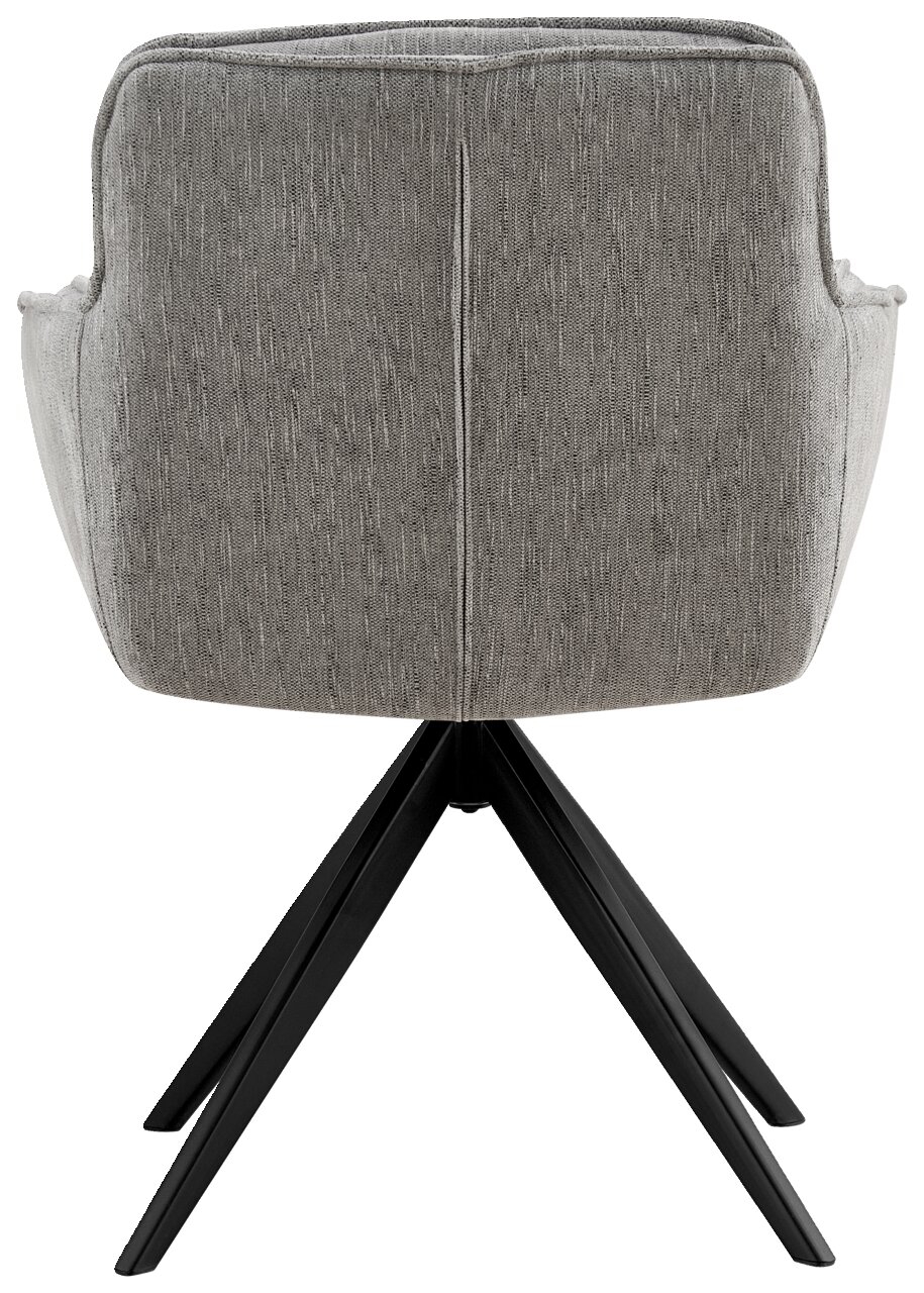 Rückansicht eines grauen Armlehnstuhls mit schwarzem Metallgestell.