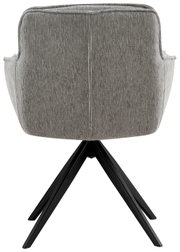 Achterkant van een grijze fauteuil met een zwart metalen frame.