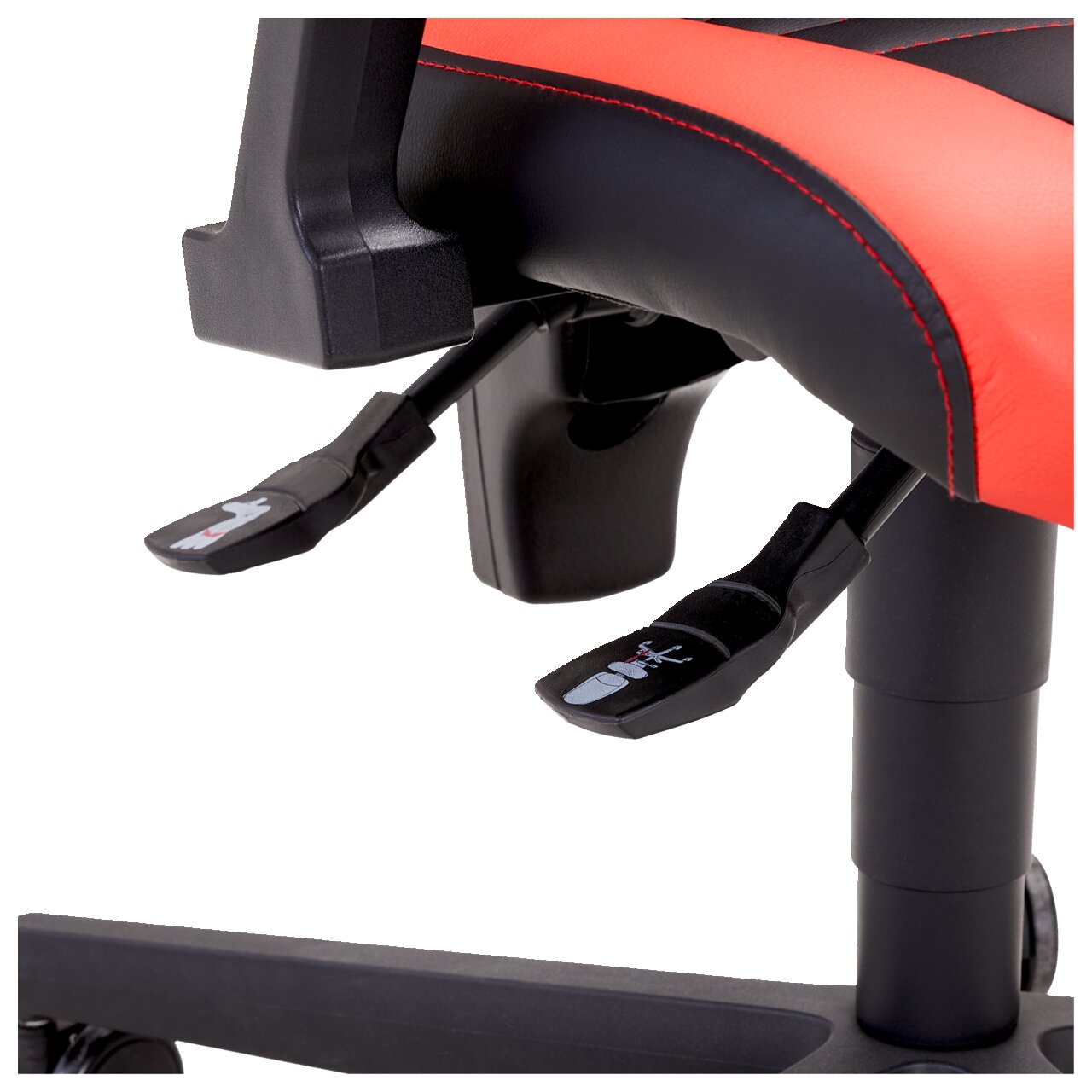 Nahaufnahme der Unterseite eines Racing Bürostuhls mit Hebeln zur Einstellung der Sitzposition, seitliche Perspektive