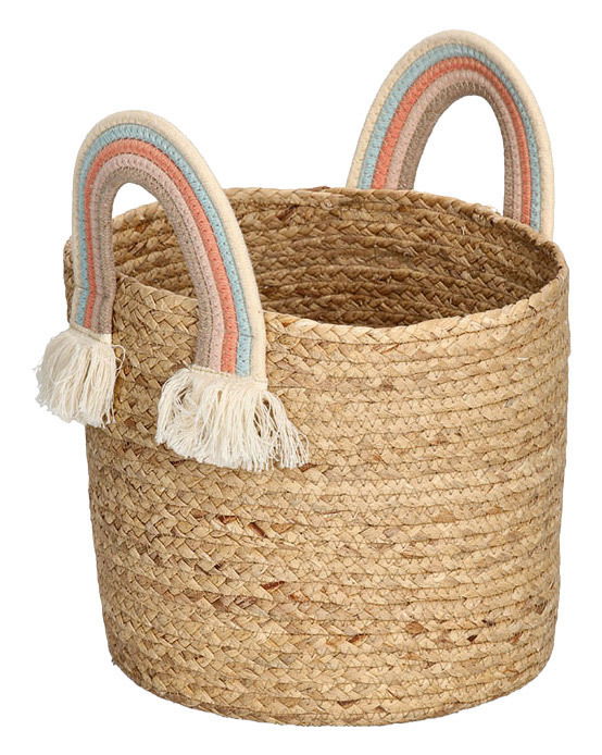 Aufbewahrungskorb aus geflochtenem Material mit zwei regenbogenfarbenen Griffen, Frontalansicht
