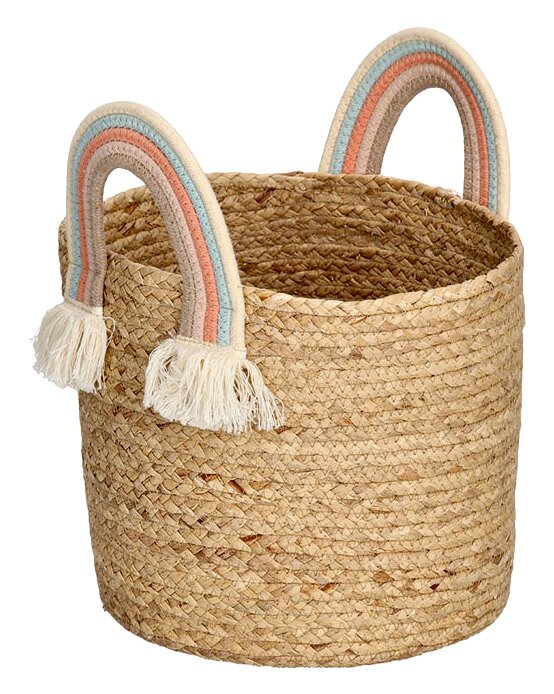 Aufbewahrungskorb aus geflochtenem Material mit zwei regenbogenfarbenen Griffen, Frontalansicht