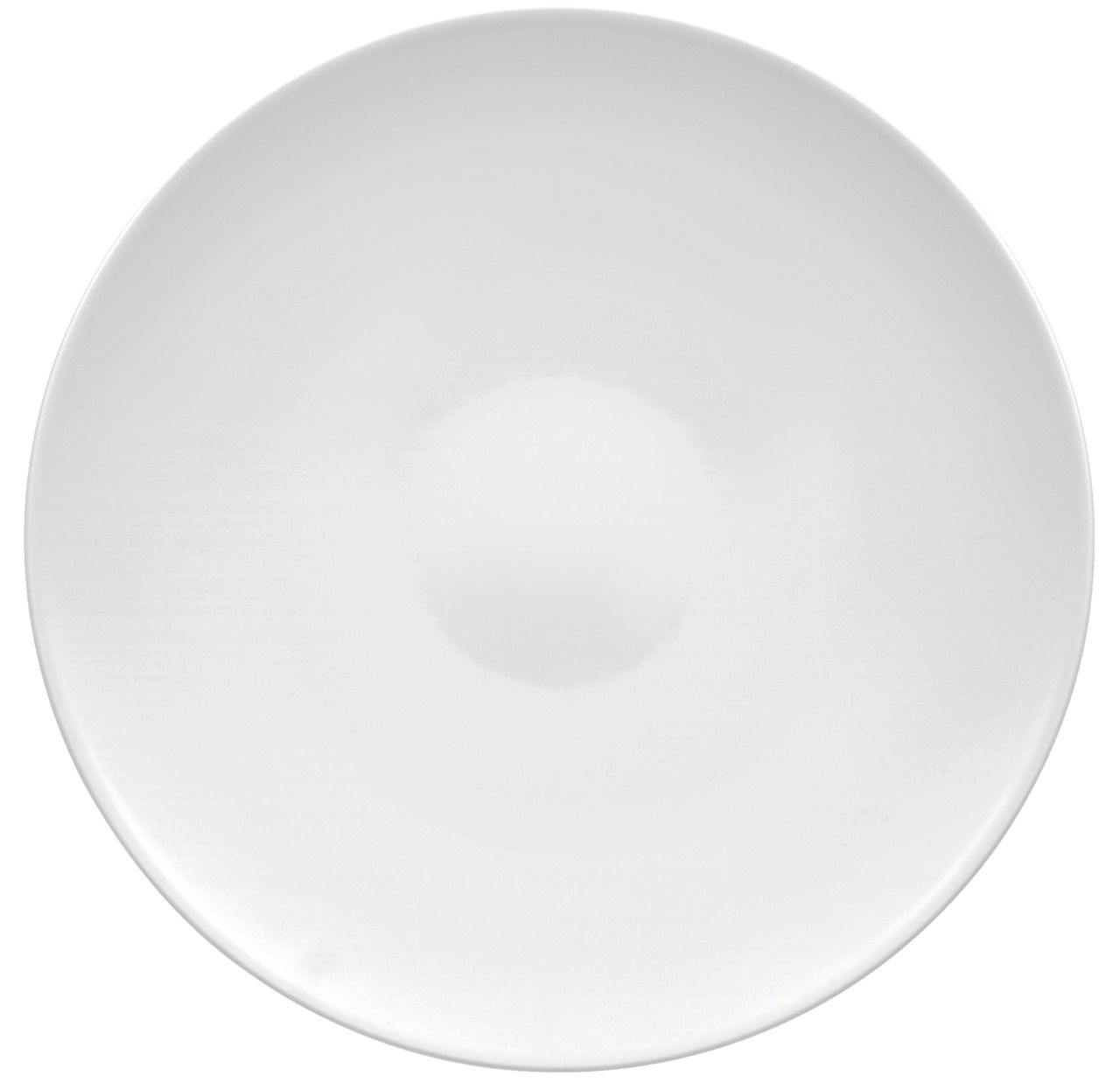 Weißer, flacher Coupeteller mit einem Durchmesser von 33 cm, aus der Vogelperspektive fotografiert.