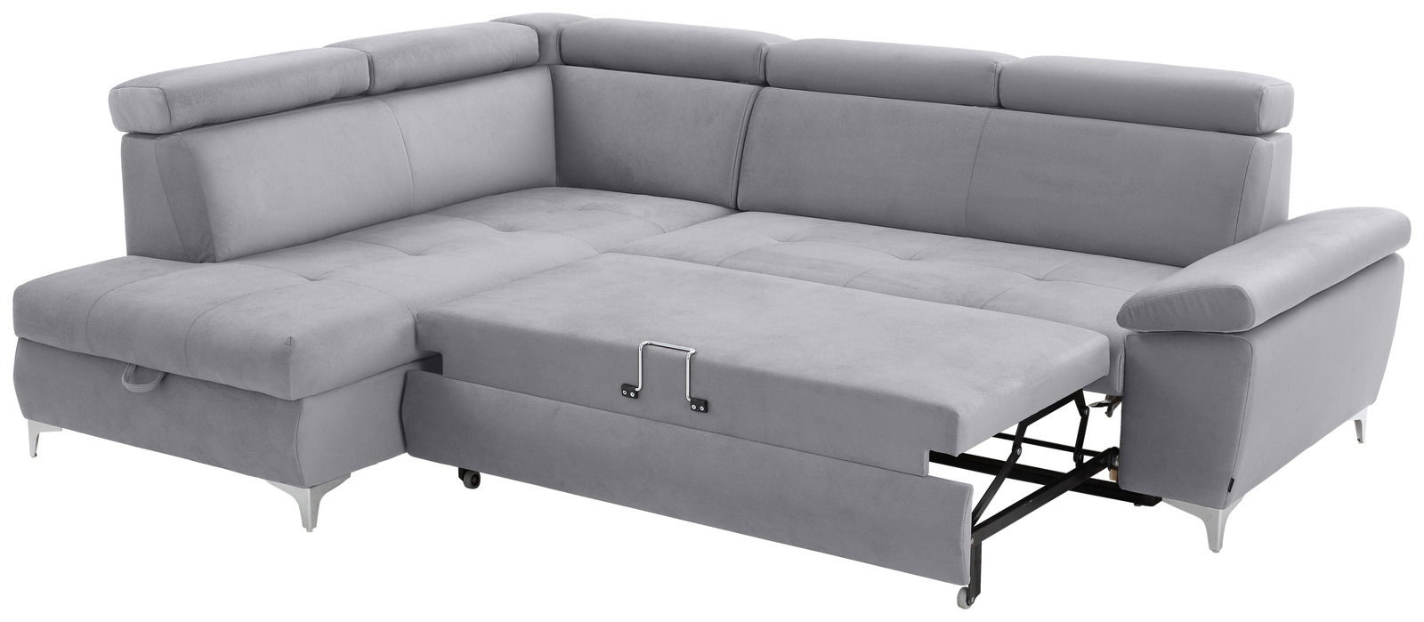 Graue Rundecke mit ausziehbarer Schlaffunktion, Perspektive von vorne rechts