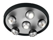 Moderne Deckenleuchte mit sechs kugelförmigen Strahlern, Ansicht von unten.