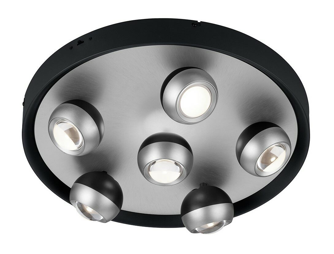 Moderne Deckenleuchte mit sechs kugelförmigen Strahlern, Ansicht von unten.