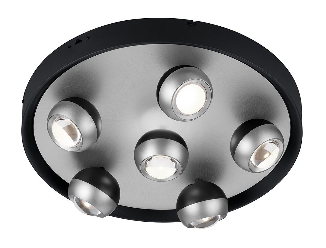 Moderne plafondlamp met zes bolvormige spotjes, gezien van onderaf.