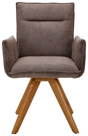 Frontansicht eines modernen Armlehnstuhls mit braunem, geripptem Stoffbezug und Holzbeinen.