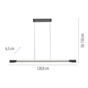 Moderne LED-Pendelleuchte in Seitenansicht mit verstellbarer Höhe von 50 bis 150 cm und einer Breite von 128,8 cm.