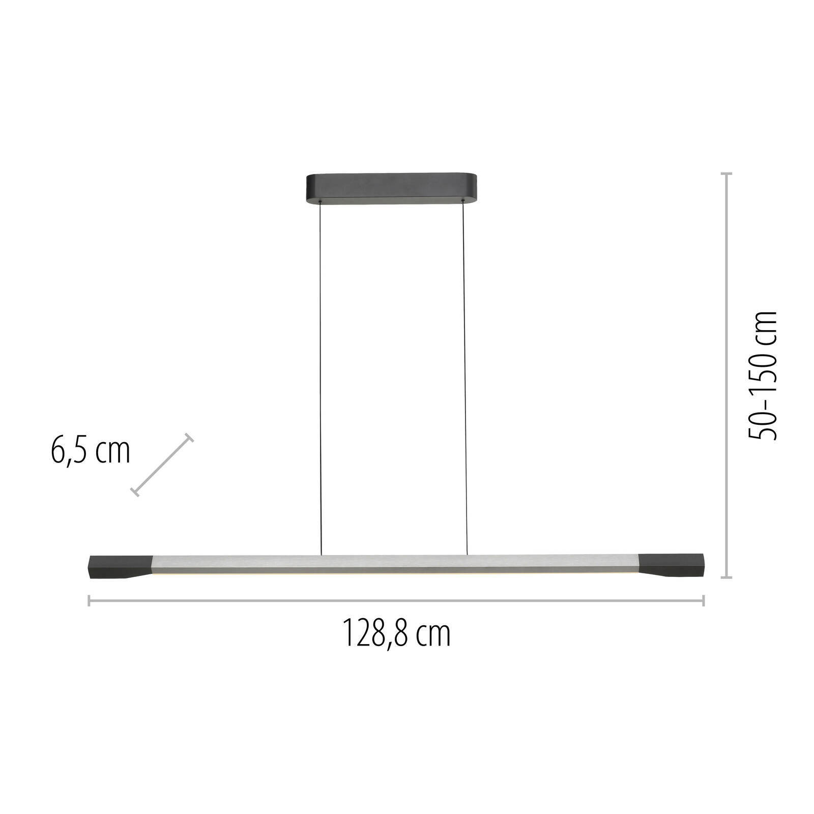 Moderne LED-Pendelleuchte in Seitenansicht mit verstellbarer Höhe von 50 bis 150 cm und einer Breite von 128,8 cm.