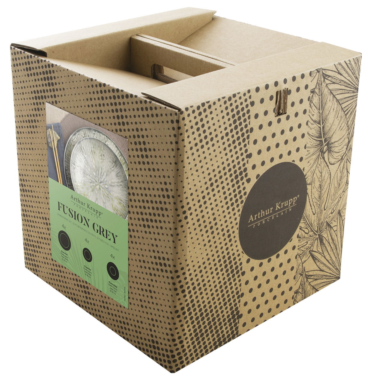 Verpackung des Tellersets Fusion Grey 12-tlg. von schräg oben fotografiert, zeigt das Design und die Produktinformationen auf der Vorderseite.