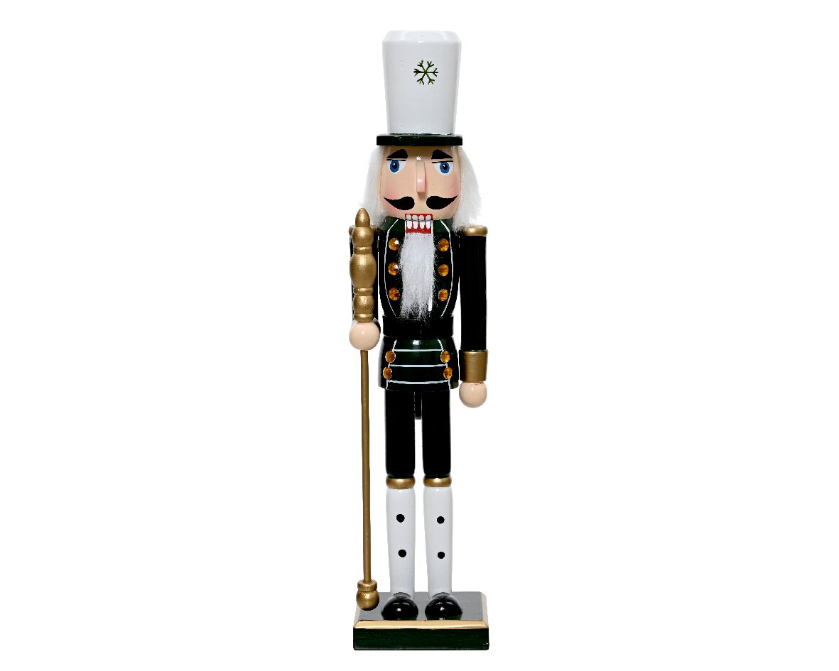Nussknacker aus Pinienholz in traditionellem Design, stehend, mit grünem und weißem Uniform, frontal abgebildet.