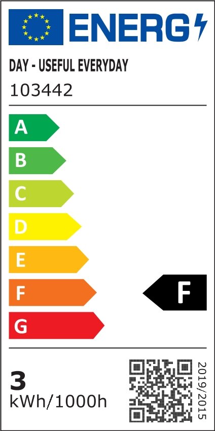 Energieeffizienzlabel für ein LED-Metallherz, Energieklasse F, frontal betrachtet