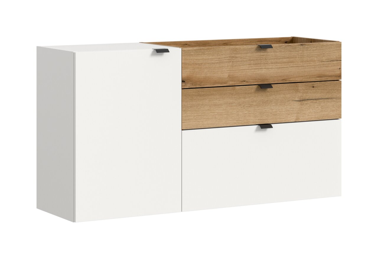 MID.YOU Hängekommode NARO Modernes Sideboard in Weiß mit zwei Schubladen in Holzoptik und schwarzen Griffen, freigestellt auf weißem Hintergrund, Ansicht schräg von vorne links.