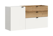 Modernes Sideboard in Weiß mit zwei Schubladen in Holzoptik und schwarzen Griffen, freigestellt auf weißem Hintergrund, Ansicht schräg von vorne links.