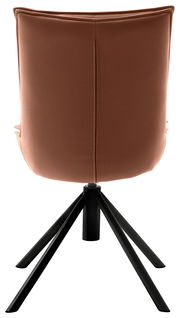 Rückansicht eines modernen Stuhls mit brauner Polsterung und schwarzem Metallgestell.