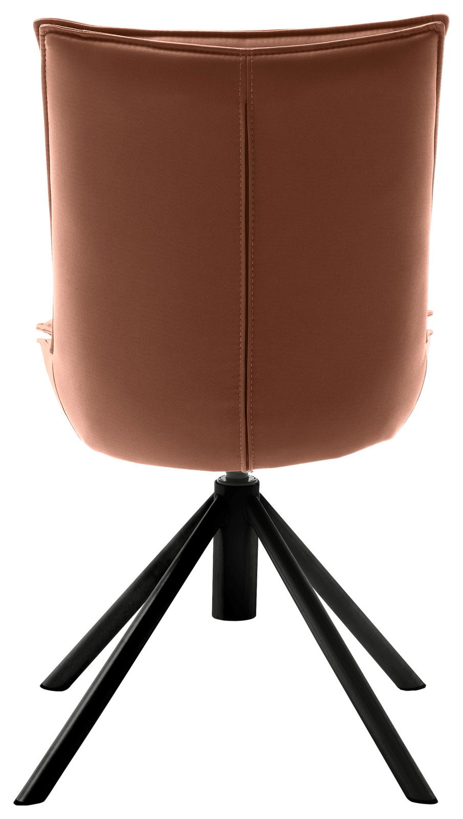 Rückansicht eines modernen Stuhls mit brauner Polsterung und schwarzem Metallgestell.