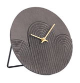 Moderne Tischuhr mit strukturiertem, grauem Zifferblatt und goldenen Zeigern, seitliche Perspektive