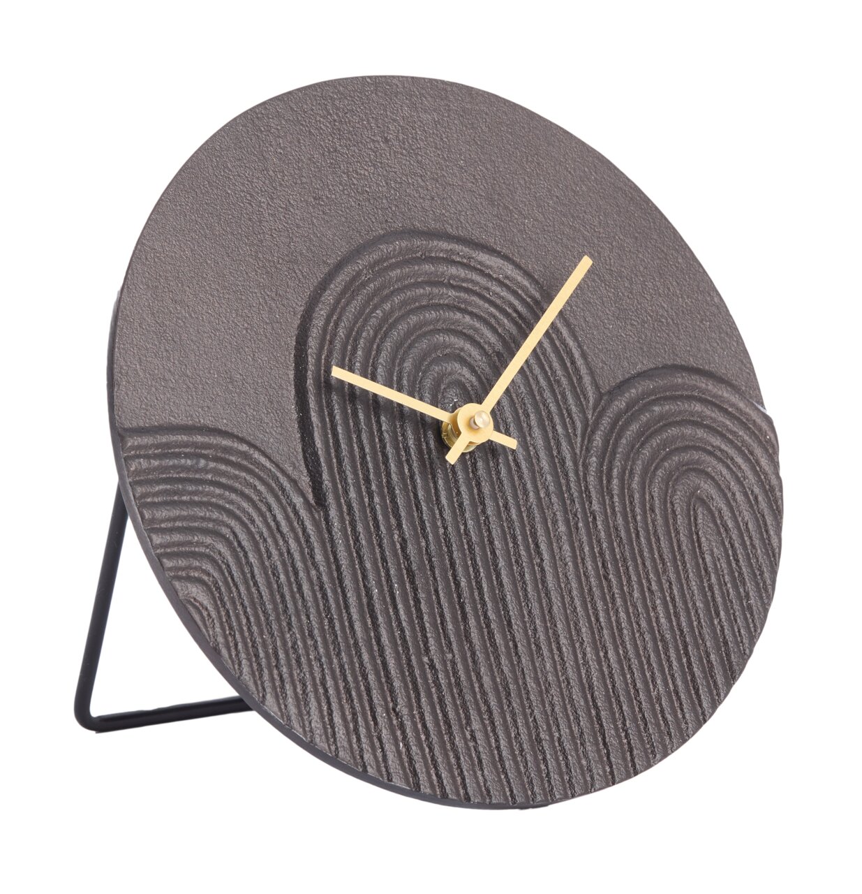 Moderne Tischuhr mit strukturiertem, grauem Zifferblatt und goldenen Zeigern, seitliche Perspektive