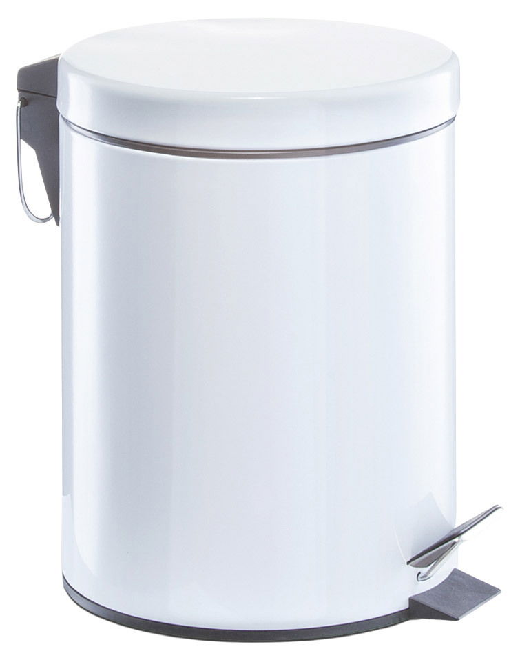 Weißer Treteimer mit 5 Litern Fassungsvermögen, seitliche Ansicht mit Pedal und Tragegriff.