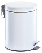 Weißer Treteimer mit 5 Litern Fassungsvermögen, seitliche Ansicht mit Pedal und Tragegriff.